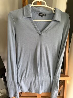 Amazon Light Blue Long Sleeve Ribbed Polo V-Neck Top